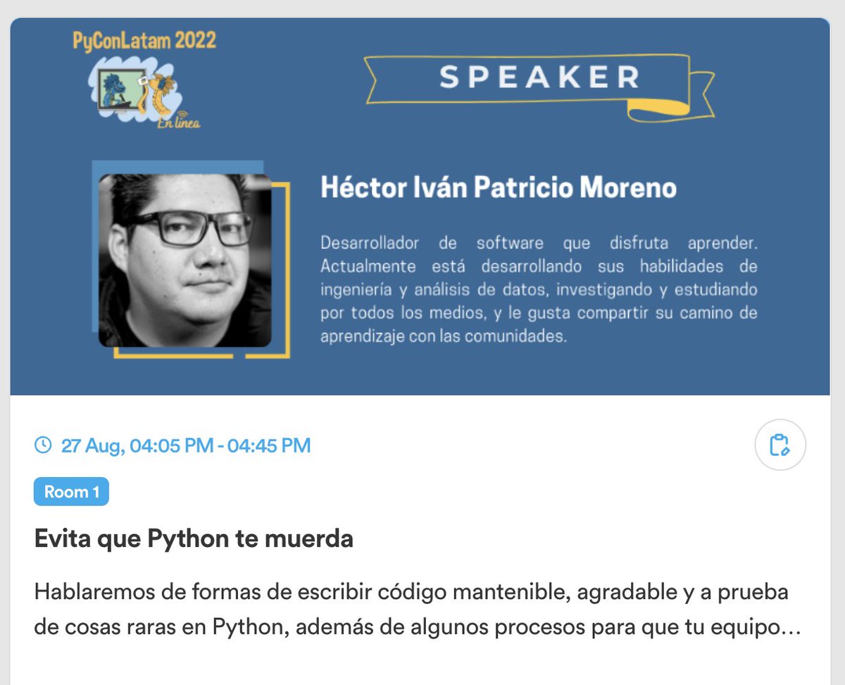 PyLatam's tweet image. Nuestro tercer bloque de charlas de ayer estuvo a cargo de estos excelentes expositores de nuestra comunidad #Python.🐍🎉
Muchas gracias por participar de esta edición #PyConLatam22 son geniales.🥳

👨‍💻Eduardo Ramirez
👨‍💻Felipe Sodre B.
👨‍💻Hector I. Patricio
👨‍💻Ariel Ortiz

#PyCon