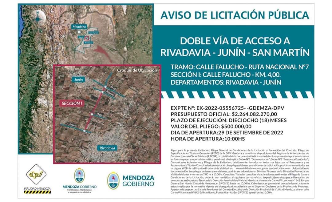 ➡️LICITACIÓN DOBLE VIA ACCESO RIVADAVIA-JUNIN-SAN MARTÍN.

👉"Una realidad para el progreso y el desarrollo de nuestro departamento "
Doble Vía Acceso a Rivadavia-Junín (Sección I).
🛣 Calle Falucho, 4.00 km  Rivadavia- Junín.

#RivadaviaCreceConVos