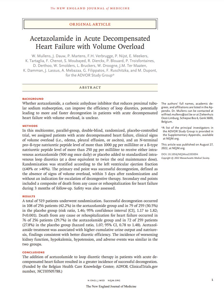 ADVOR: The addition of acetazolamide to loop diuretic therapy in patients with acute decompensated heart failure resulted in a greater incidence of successful decongestion ca. 2022 from <a href="/NEJM/">NEJM</a> 
#ESCCongress 🇪🇸 #Cardiorenal #Nephpearls 

nejm.org/doi/full/10.10…