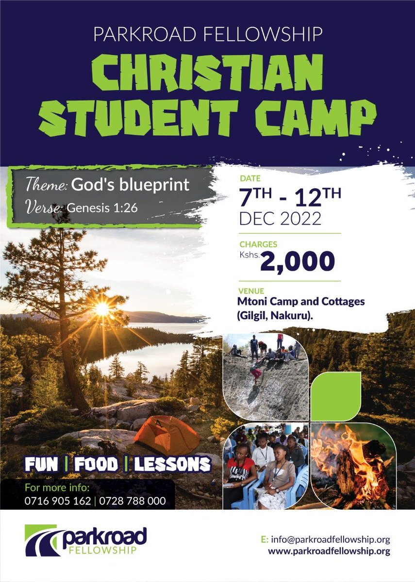 parkroadf's tweet photo. We invite High-schoolers to this year's Camp themed God's Blueprint from Genesis 1:26 at the serene gardens of Mtoni Camp in Gilgil,Nakuru.
From 7th to 12th of December 2022,come experience the most anticipated Christian Youth Event.
For info and booking contact us on 0716905162. https://t.co/s3FAwhV8Do