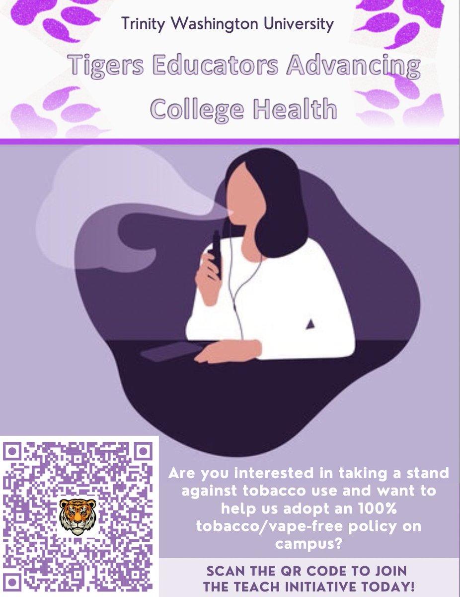 PublicHealthDC's tweet photo. Join the Tigers Educators Advancing College Health (TEACH) Initiative on campus to help us inspire students to take a stand against tobacco use and adopt a 100% tobacco/vape-free policy at Trinity Washington University. #SmokeFreeTrinity
https://t.co/s6kzVLAhuF https://t.co/EWvOZ4oT5a