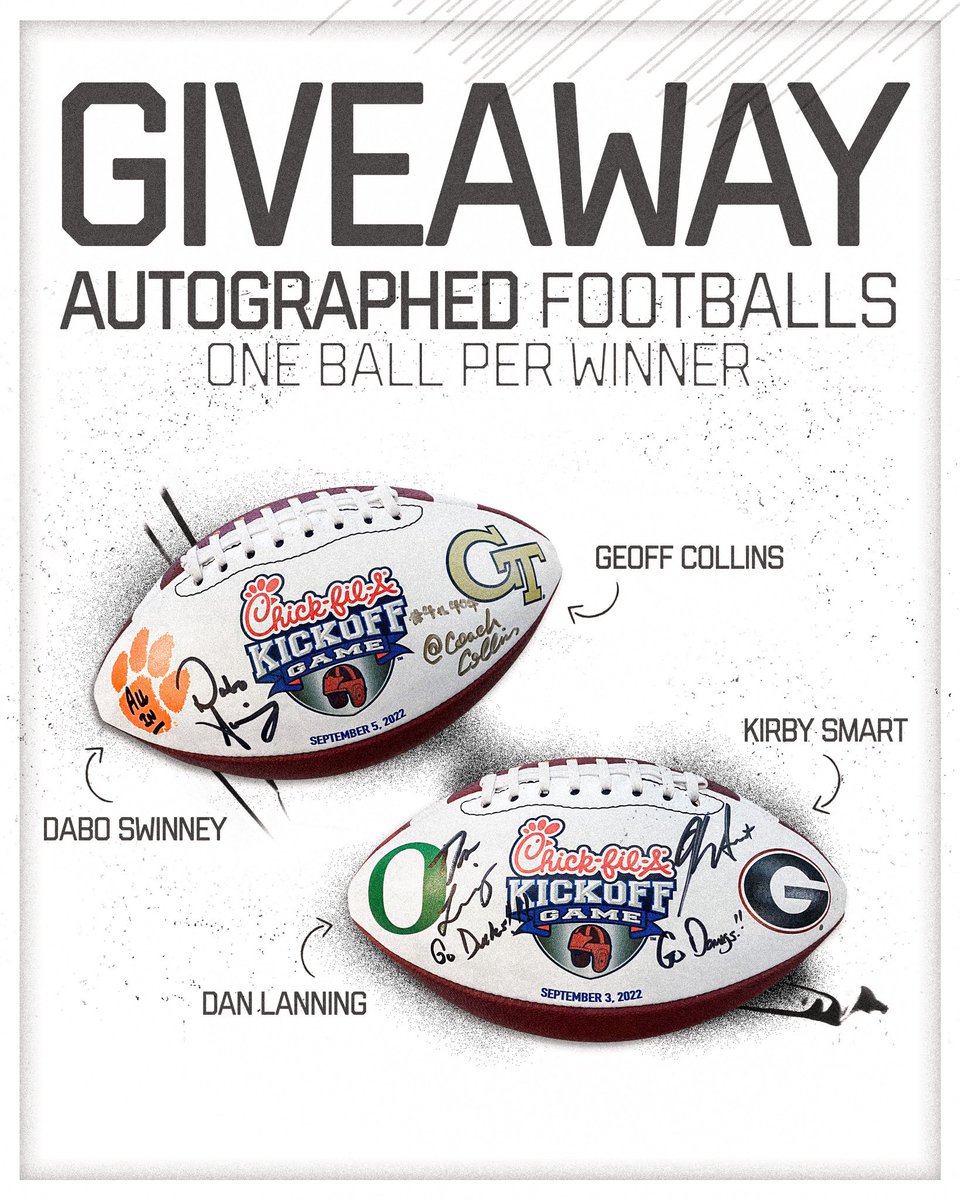 🏈 BIG GIVEAWAY 🏈 
We’re giving away footballs signed by Coach Smart, Coach Lanning, Coach Swinney and Coach Collins! RT + follow us &amp; <a href="/CFAPeachBowl/">Chick-fil-A Peach Bowl</a> + reply with the team you’re rooting for = a chance to win. Details below.

Presented by <a href="/Kia/">Kia America</a>

#GoDucks #GoDawgs
#AllIn #4the404