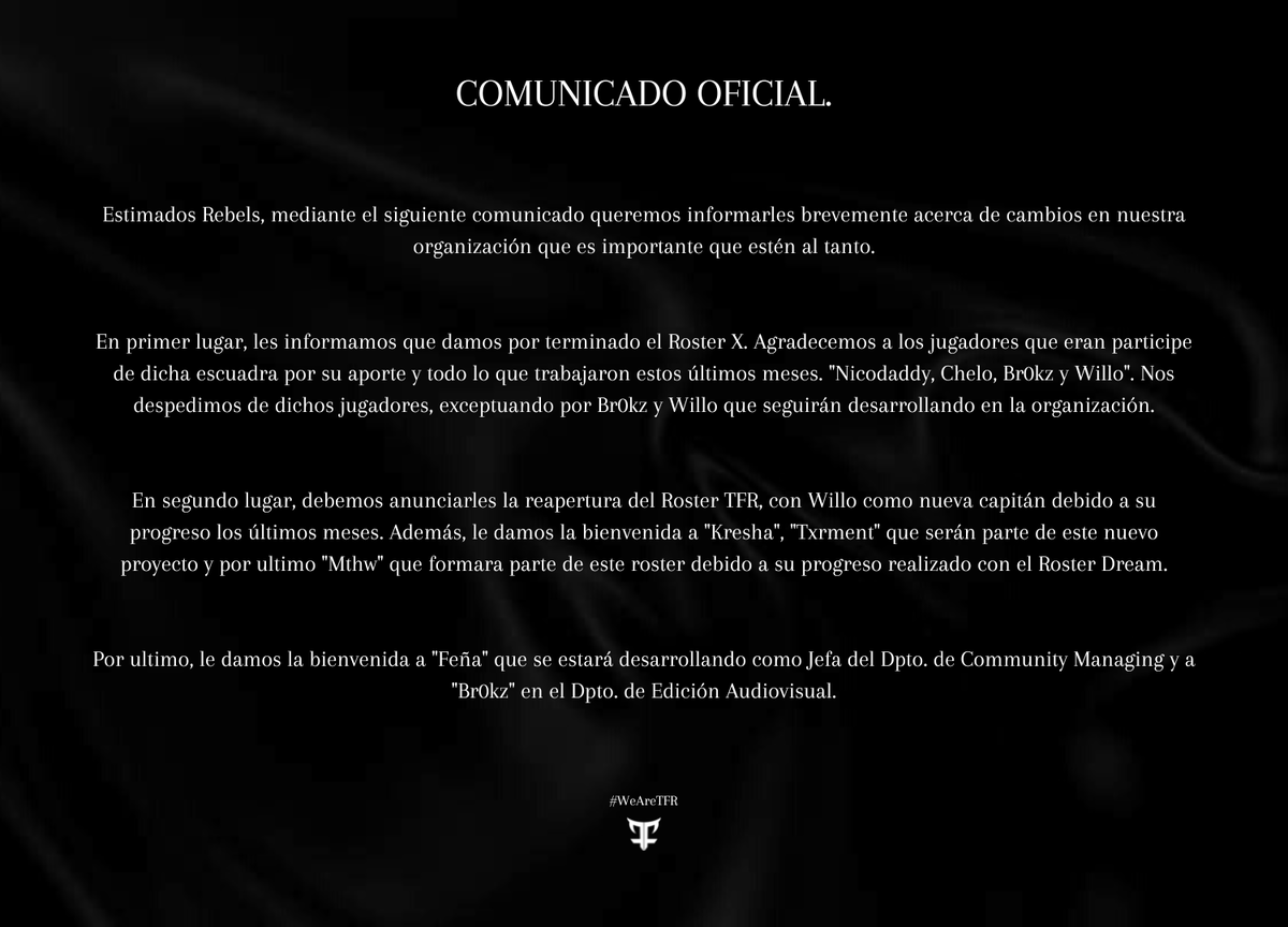 thefallenrebels's tweet photo. COMUNICADO OFICIAL 📃 https://t.co/LpDJgO8Jla