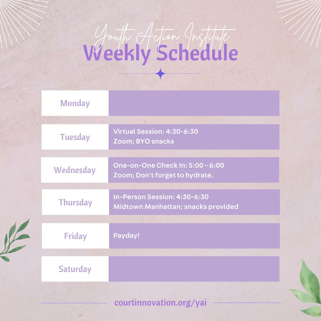 youthactioninst's tweet photo. We meet as a cohort on Tu &amp; Th, from 4:30 PM to 6:30 PM. Virtual Tu, in-person Th. Fellows have weekly 1-on-1 check-ins, self-scheduled. That's 5 hrs/wk, $15/hr, paid every 2 weeks on Fri. If you like color coding your calendar too, apply today! https://t.co/1co3d6lB9r #NYCYouth https://t.co/VjDpcf7yvX