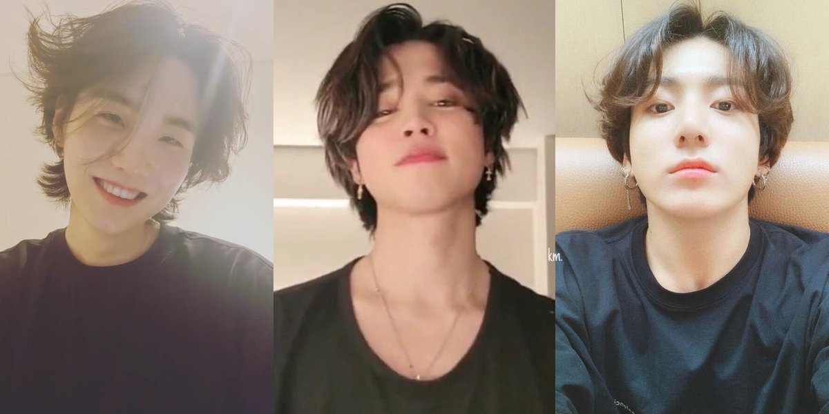 jikookalbum's tweet photo. the trio with pretty long hair https://t.co/HSmBcr6vbm