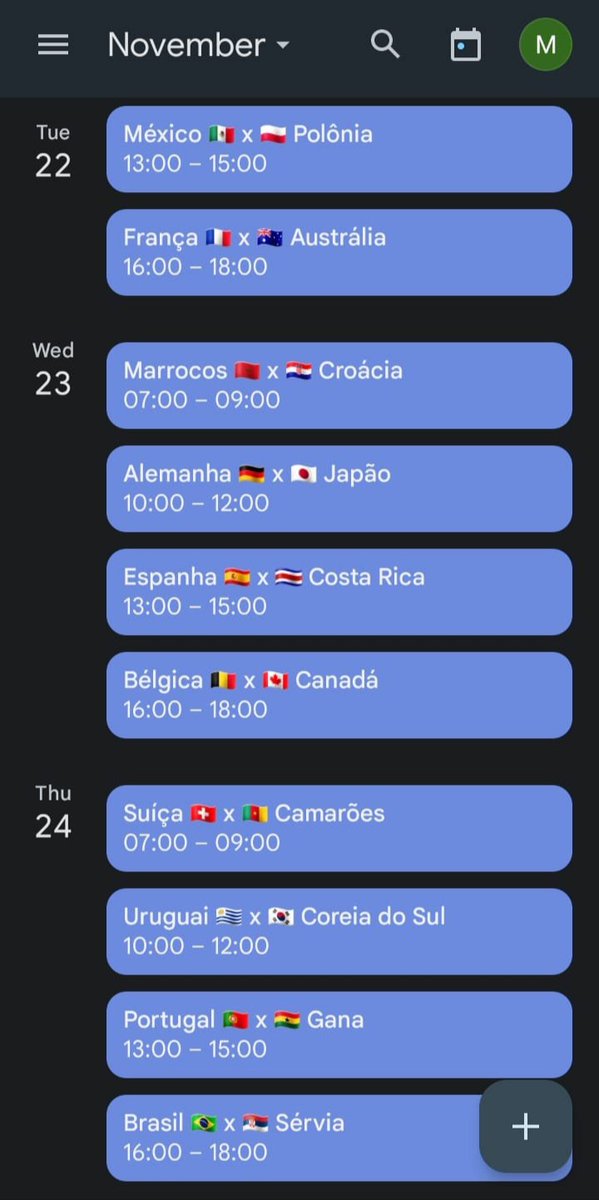 Estagiário fez o trabalho direitinho: com apenas um clique você salva na sua agenda todos os jogos da copo, com horário e países.

calendar.google.com/calendar/ical/…