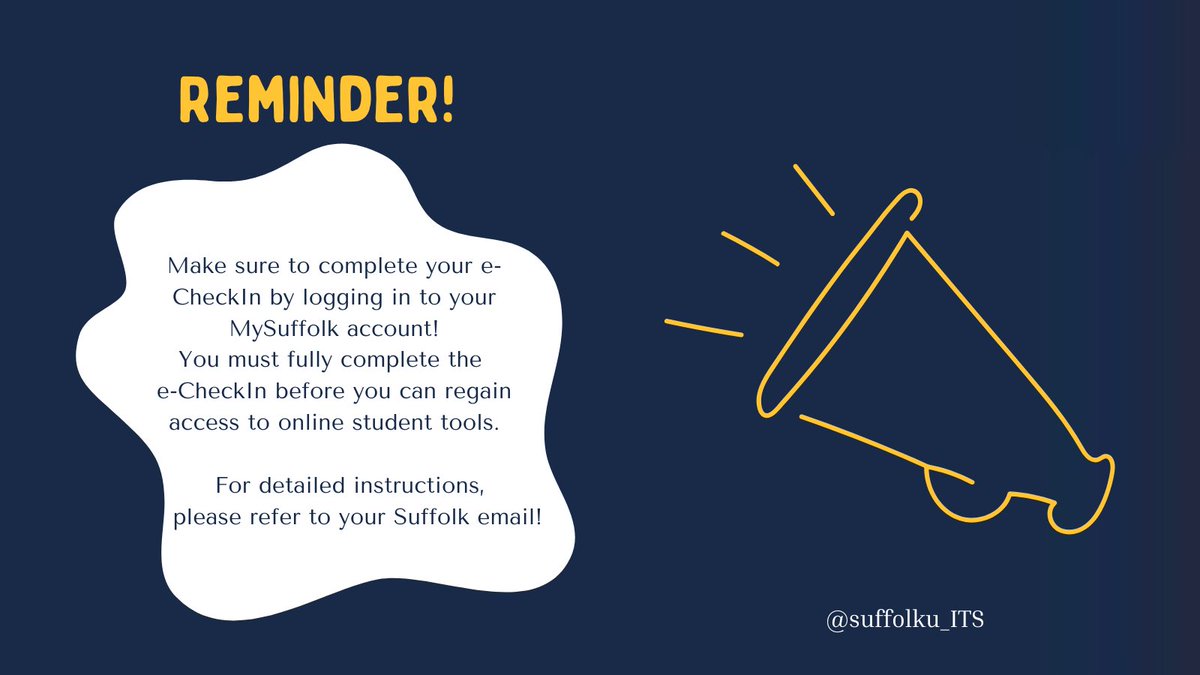 Hey Rams🐏! Below is some information regarding an important reminder. Be sure to complete your e-CheckIn if you have not already done so!
#suffolkuniversity