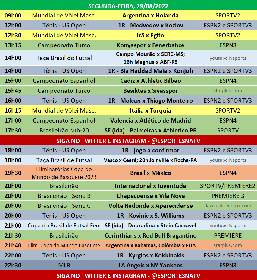 Esportes Na TV 📺 on X: A agenda esportiva desta SEGUNDA-FEIRA  (29/08/2022)  / X