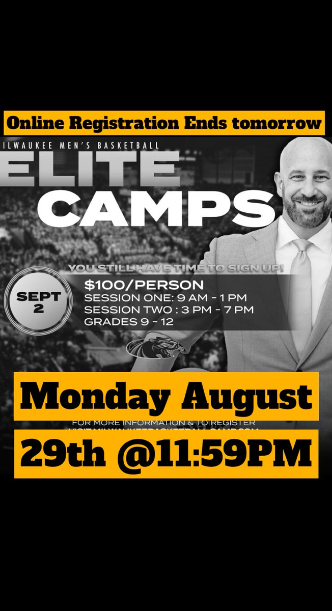 🚨 𝐑𝐄𝐌𝐈𝐍𝐃𝐄𝐑 !!!

Online ELITE Camp Registration ends tomorrow Monday August 29th @ 11:59PM CDT (Grades 9-12th) 

Contact: <a href="/Newkirk_Network/">Jason Newkirk</a>  

𝘍𝘰𝘳 𝘭𝘪𝘮𝘪𝘵𝘦𝘥 𝘴𝘱𝘰𝘵𝘴 𝘳𝘦𝘮𝘢𝘪𝘯𝘪𝘯𝘨 

🔗 milwaukeebasketballcamp.com