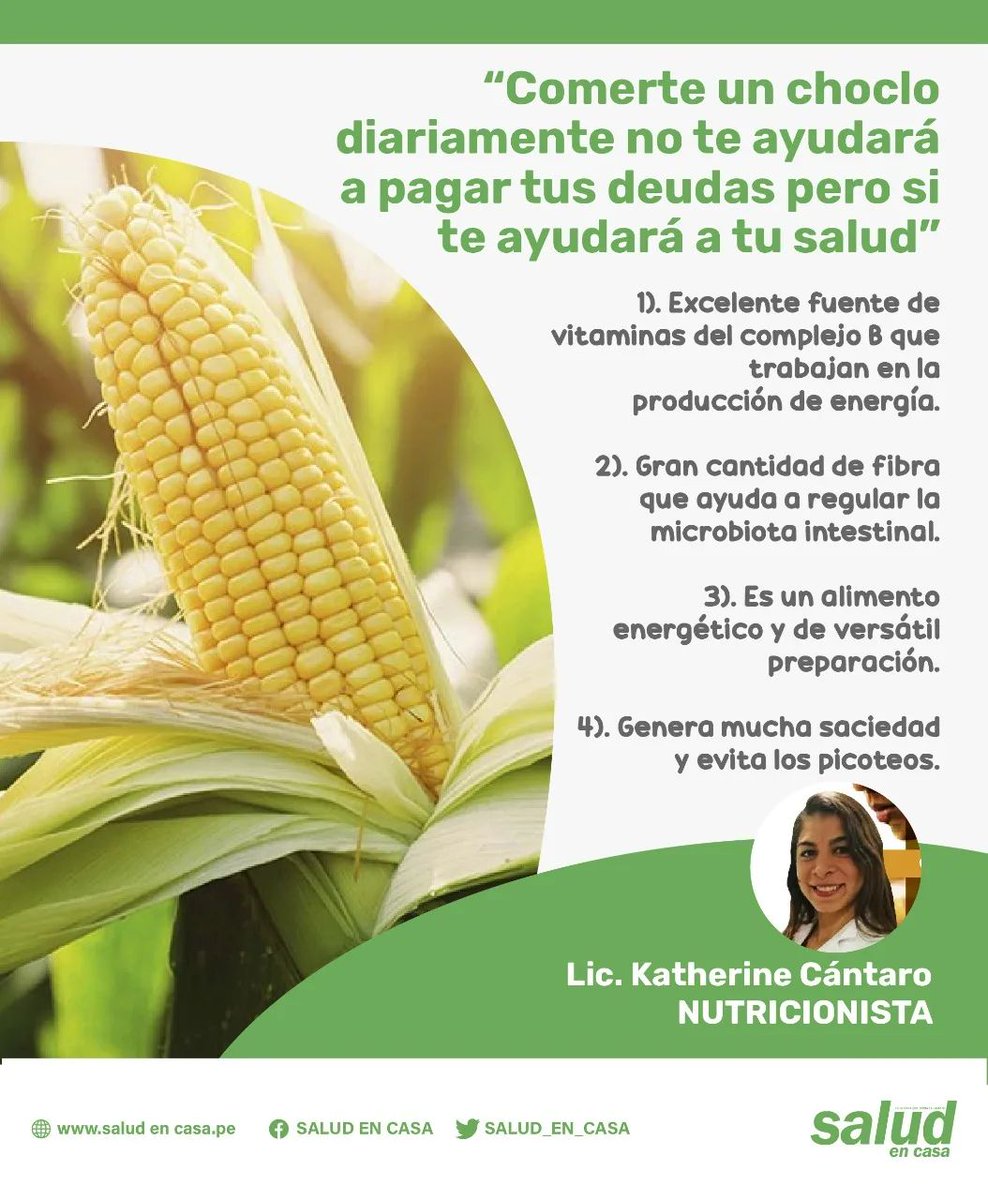Salud_en_casa1's tweet photo. BENEFICIOS DEL CHOCLO 🌽🌽
https://t.co/0lQmDQNBoo
#maizperuano #chocloperuano #alimentacionsaludable #nutricion #vitaminas #microbiotaintestinal #saludinformativa #complejob #Perú https://t.co/cIpElqWEIY