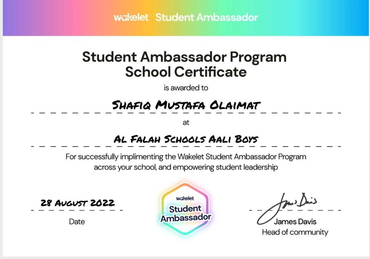 shafiq_olaimat's tweet image. My School Student Ambassador Certificate!
Many thanks for @JBDbiz @MisbahGedal @Amy_Wakelet @r1ck11 @TxTechChick @wakelet 
community@wakelet.com
#wakeletwave #studentambassadorprogram