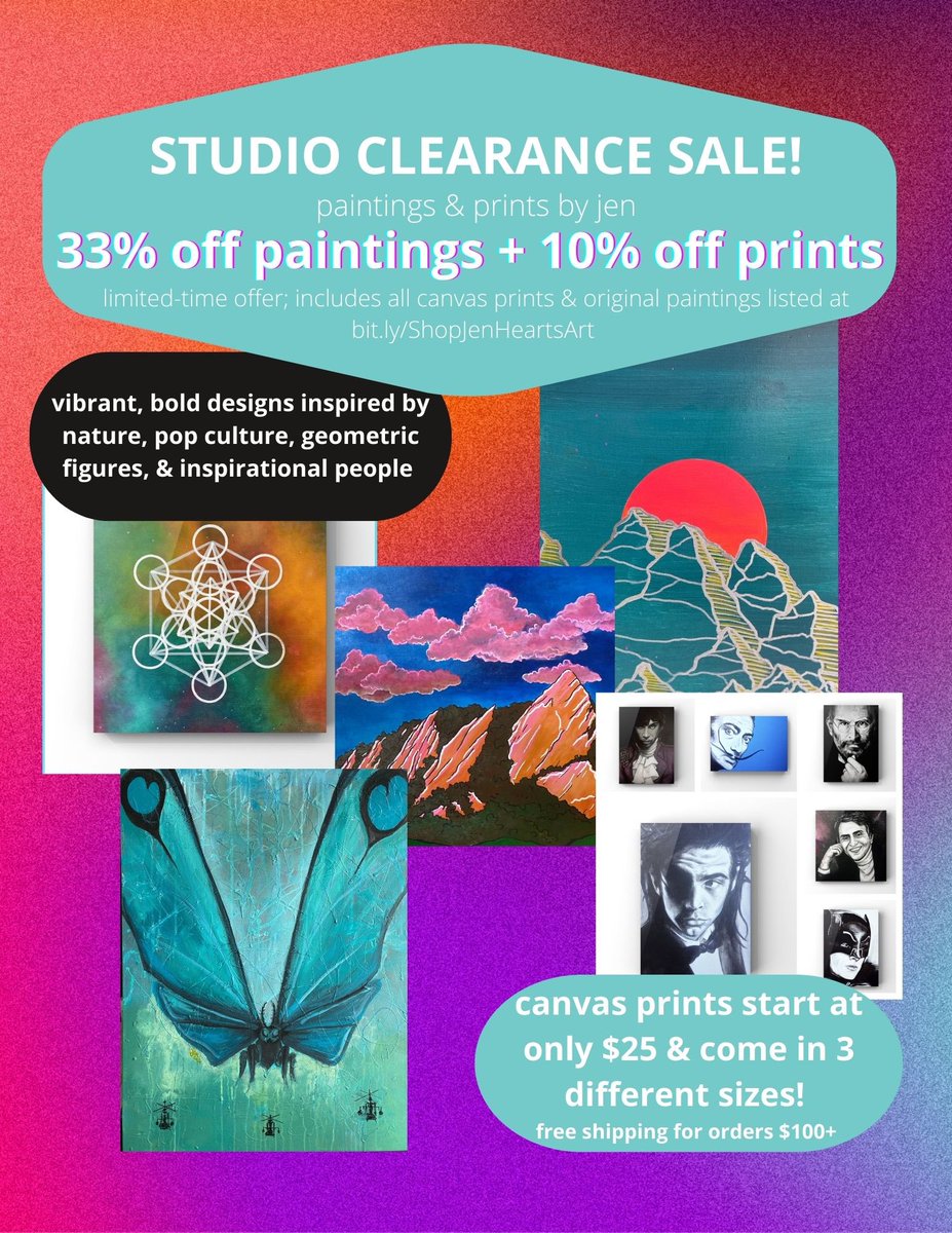 Studio Clearance Sale starts now!
33% off paintings, 10% off canvas prints, free shipping for orders $100+

If you’re in Denver you can get on-demand delivery or pickup! Please consider giving my art a loving home, as I’m moving into a new, smaller one❤️ bit.ly/ShopJenHeartsA…