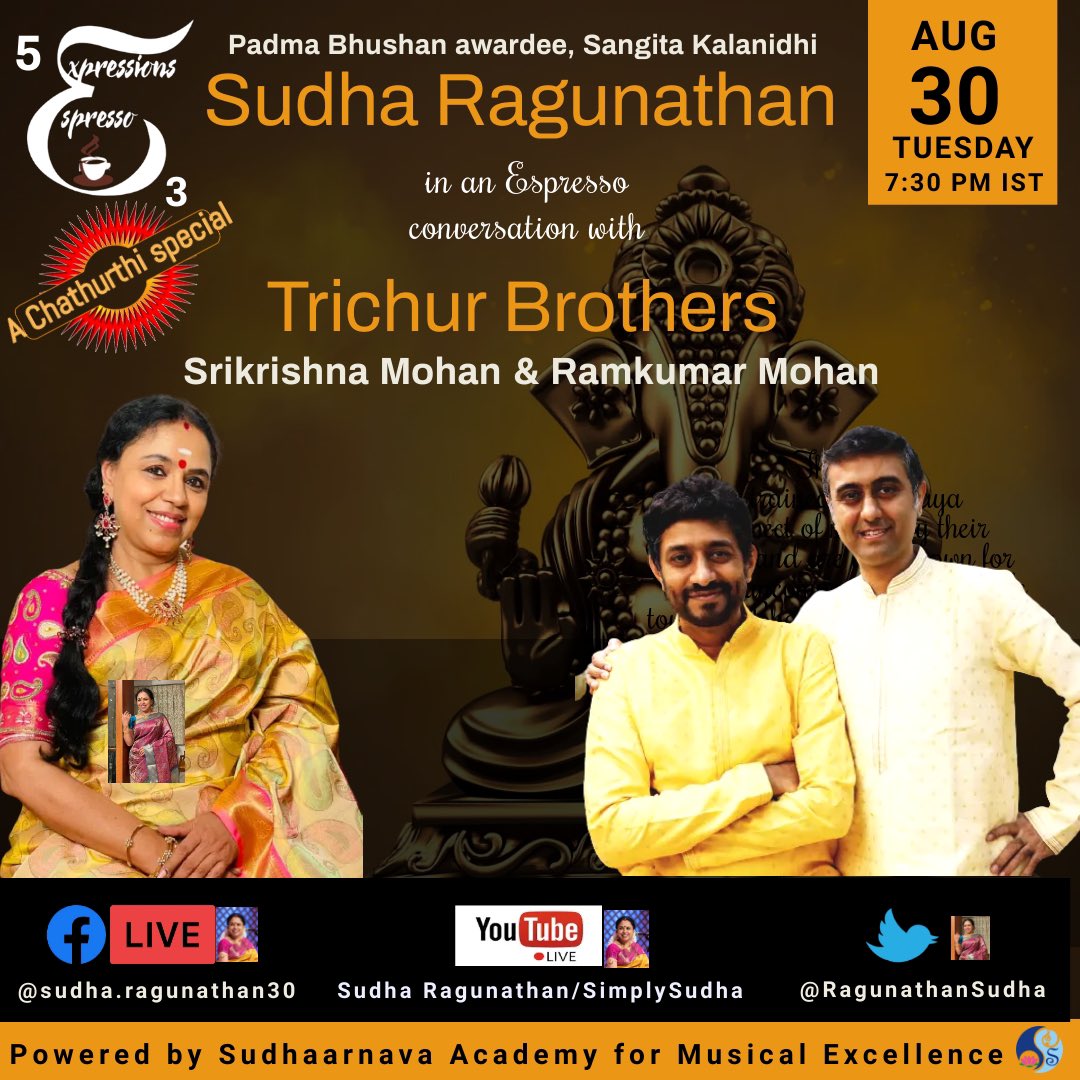 RagunathanSudha's tweet photo. Many right guesses! #expressionsespresso #sudharagunathan #trichurbrothers #musicalconversations #carnaticchatsession https://t.co/2aTwO6ovlh