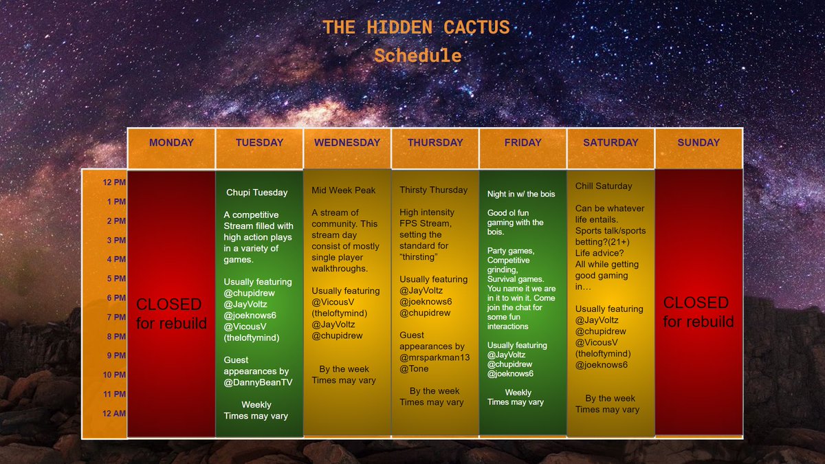 thehiddencactus's tweet photo. Stream schedule run down #thehiddencactus #stream https://t.co/XFRT7tYFX1