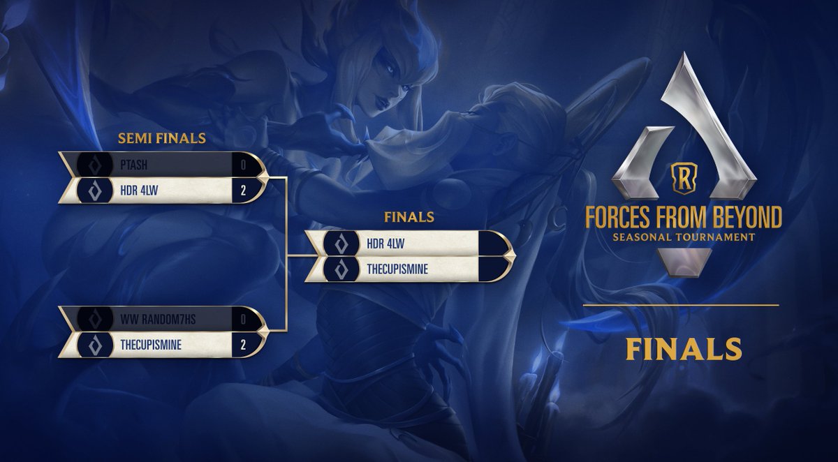 FINALS <a href="/PlayRuneterra/">Legends of Runeterra</a> FORCES FROM BEYOND - SEASONAL

<a href="/thecupismine/">thecupismineLoR</a> and <a href="/4LWlor/">4LW (João Ramos)</a> enter from opposite sides, both filled with determination to land the role of Seasonal Champion. But there is only room for one.

Tune in to witness the epic finale! 🎇

🔴twitch.tv/legendsofrunet…