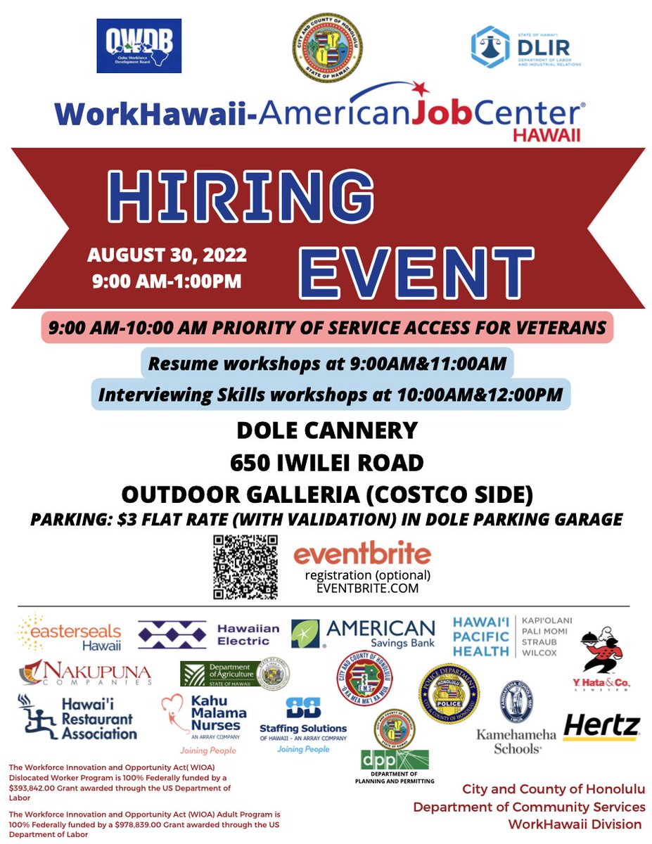 📣 Upcoming Hiring Event on O’ahu 
• 
🗓 August 30 from 9 am to 1 pm
📍 Outdoor Galleria at Dole Cannery
•
Pre-registration is optional and can be done at loom.ly/RO2nqN8 
•
<a href="/OneOahu/">One Oahu</a> #Oahu #JobSeeker #HiringEvent #808living