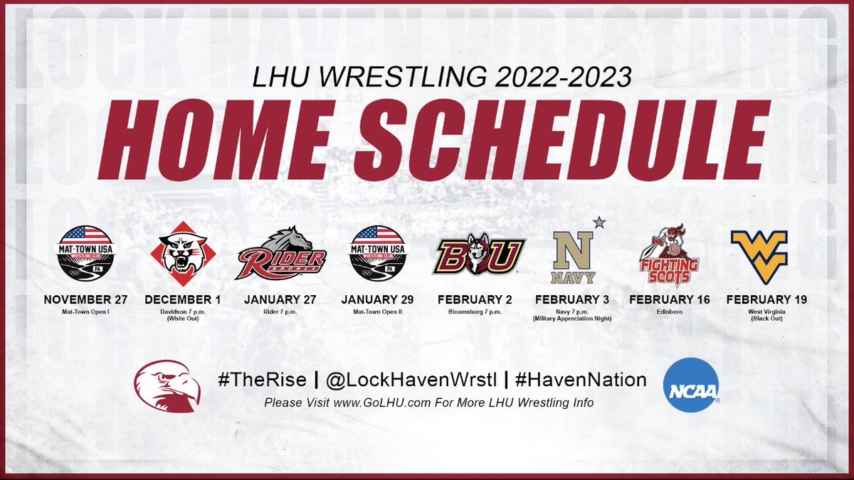 LockHavenWrstl's tweet photo. 2022-23 Home Schedule is set for #TheRise. Season tickets will go on sale August 30th 🦅🇺🇸 https://t.co/3oiFYtHO23