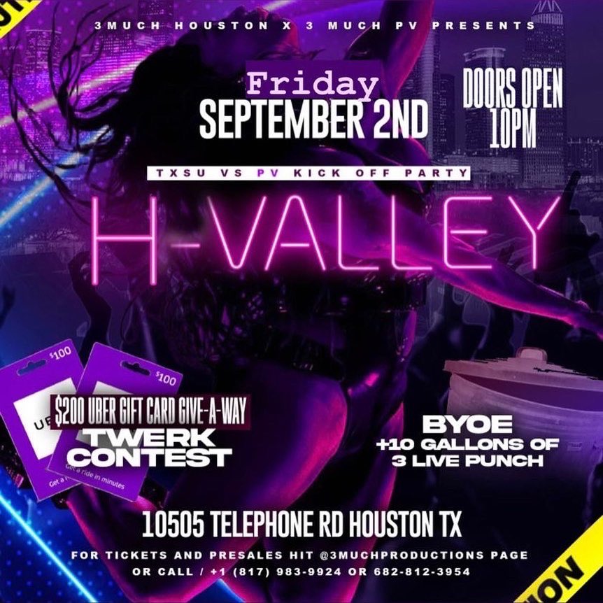 csmoove41's tweet photo. 🎥this Friday sept 2nd we going dumb ❗️ #Hvalley  presented by #3much 🎥🎥 

The official kick off party for #txsu vs #pvamu  weekend ❗️

BYOE &amp; 10 gallons of 3 live punch ❗️

Addy : 10505 telephone rd Houston Texas 

Hit your fav 3 much promoter for Presales and more info  🔥🔥 https://t.co/h50ICqT0Zw