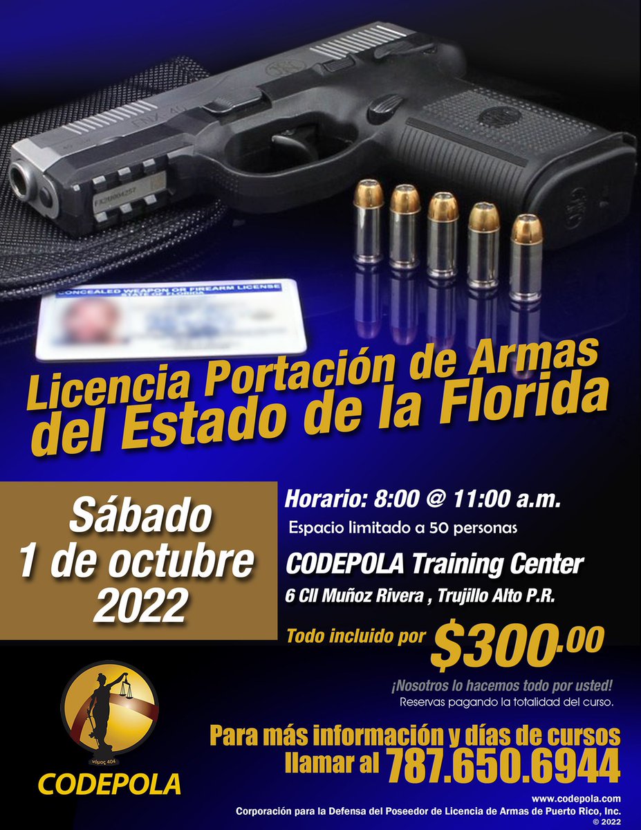 codepola's tweet photo. Viajas pronto a la #Florida y quieres #portar tu #arma?
No te quedes por fuera.
Llama al 787-650 6944 para hacer tu reservación.
#portacion #PuertoRico #SanJuan #YoSoyCodepola https://t.co/buimV1f82s
