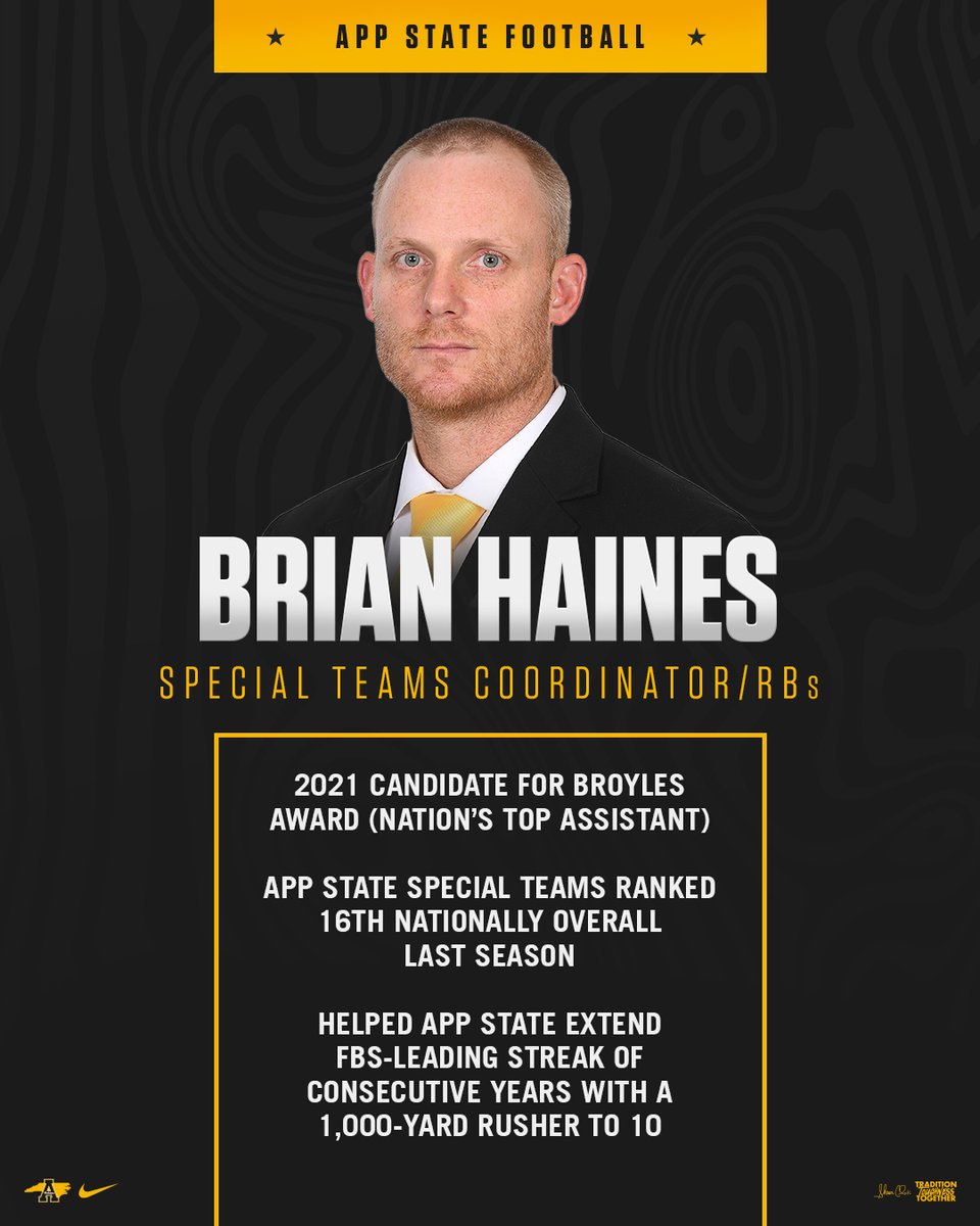 AppState_FB's tweet photo. 𝗔𝘀𝘀𝗶𝘀𝘁𝗮𝗻𝘁 𝗦𝗽𝗼𝘁𝗹𝗶𝗴𝗵𝘁

RBs/Special Teams: Brian Haines | @BrianHainesb 
 
#GoApp https://t.co/O57ZopaBJf