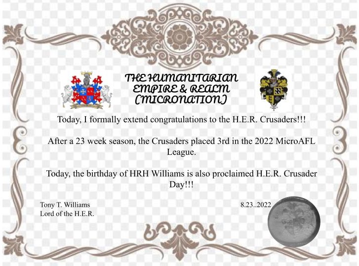 EScottville's tweet photo. The H.E.R. celebrates the ending of #MiroAFL with a 3rd place showing. A commemorative badge is created at the order of the Lord of the H.E.R. https://t.co/ph07gQwpAS