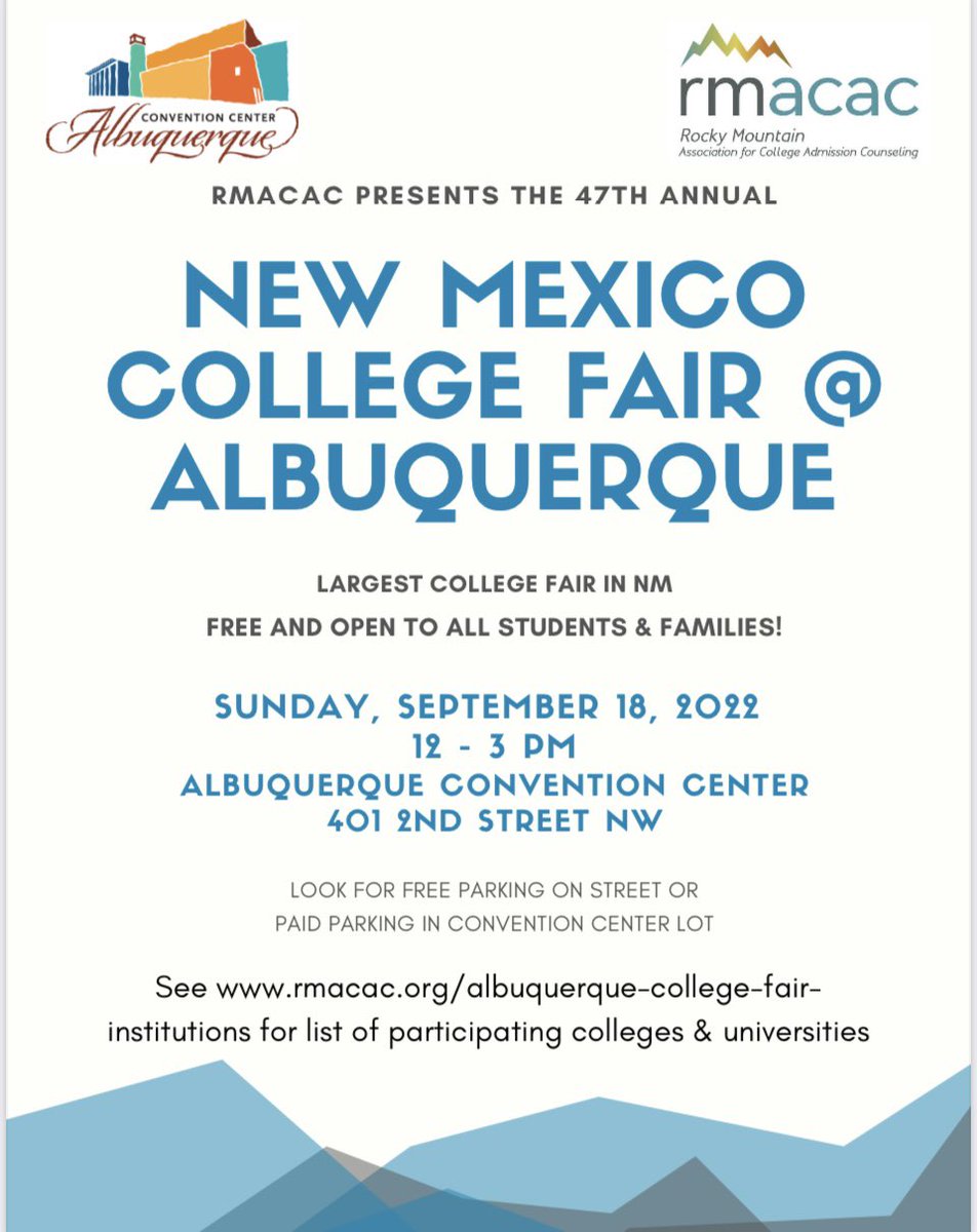 EldoCounseling's tweet photo. All students and families are welcome at New Mexico’s largest college fair on September 18! It’s free and a fantastic opportunity to learn about colleges and universities from across the country! @EaglesEldorado @ABQschools @RMACAC @NMPED https://t.co/NVPAcKk3xa
