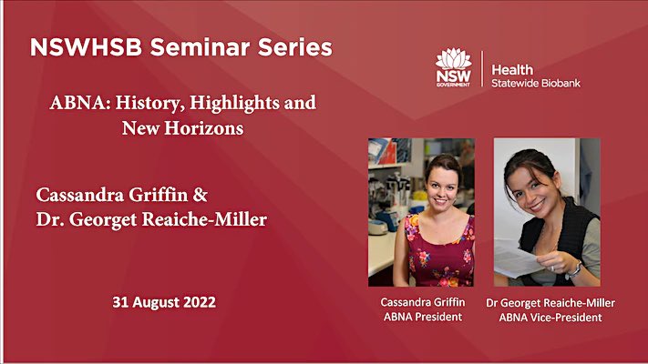 NSWHSB Seminar Series this week - join on Wed August 31 at midday to hear <a href="/CassPGriffin/">Cassandra Griffin</a> &amp; <a href="/georget81/">Georget Reaiche</a> talk about ABNA: History, Highlights &amp; New Horizons <a href="/ABNAonline/">ABNA</a> <a href="/NSWHSBiobank/">NSW Health Statewide Biobank</a> Link to register: eventbrite.com.au/e/nswhsb-semin…