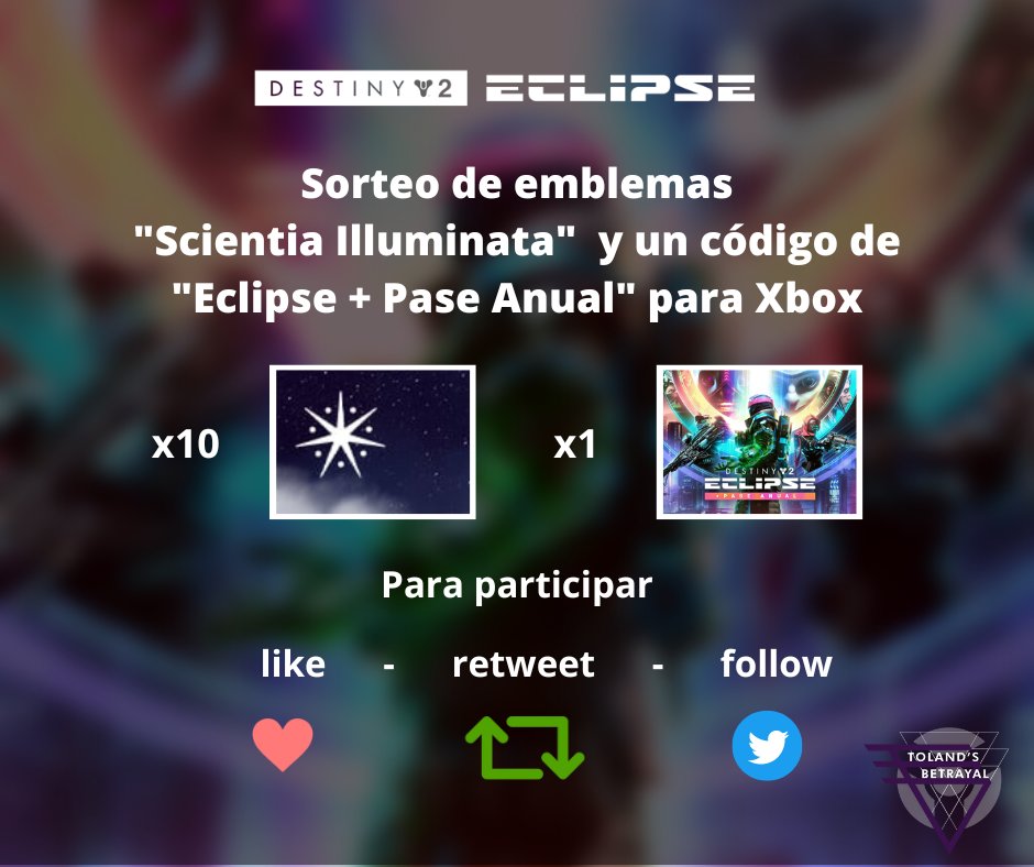 Se acabo el modo Concurso de la raid pero aún tenemos modo Concurso por emblemas y un DLC "Eclipse + Pase Anual"

Para participar, solo síganme, den like y retweet 

Los ganadores serán revelados en una semana!!!

Gracias a <a href="/Bungie/">Bungie</a> <a href="/destinygamees/">Destiny 2 ES</a> y <a href="/BrunoLouviers/">Br1</a> por esto!!!