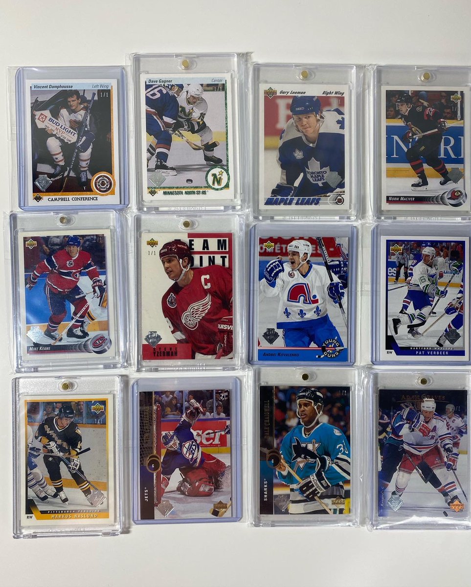 zaffyy88's tweet photo. Project completed! Here is at least one card for all 30 years and at least one card per team, past and present, from Upper Deck’s 30th Anniversary 1/1 buybacks from the 2019-20 series. Took a while to finish and plan but really happy with the collection! 1/2 @UpperDeckHockey https://t.co/kEQeQwr6xF