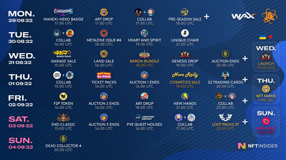 September starts in a BIG way on <a href="/WAX_io/">WAX</a> / <a href="/AtomicHub/">AtomicHub</a>! 🔥 #NFTs #NFTdrop 

👉 nftinsider.io/this-week-on-w…

<a href="/castlesnft/">Castles NFT</a> <a href="/NovaRallyWAX/">Nova Rally</a> <a href="/TheWarsaken/">Warsaken®</a> <a href="/ShnazzyNFTs/">Shnazzy</a> <a href="/arcgspy/">Arc's Dumpster Fire</a> <a href="/Dogefellasgame/">Dogefellas Official</a> @godsnlegends <a href="/VirusBustersNFT/">Virus Busters</a> <a href="/clash_dome/">𝗖𝗟𝗔𝗦𝗛𝗗𝗢𝗠𝗘</a> <a href="/dcyourchickens/">DCYourChickens</a> <a href="/animalworldwax/">Animal World</a> @OnikamiGames