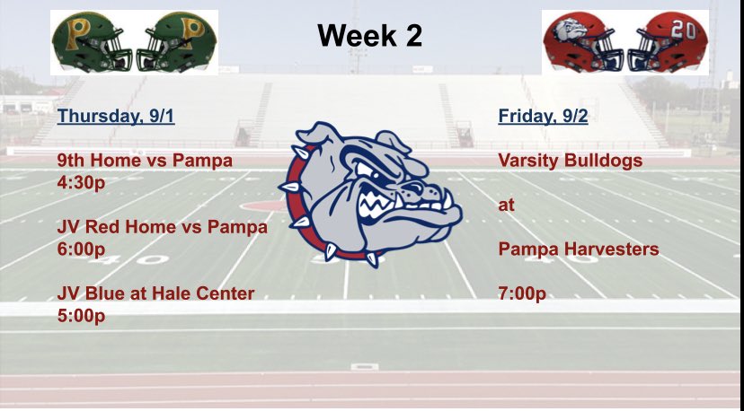 BulldogsTBW's tweet photo. Week 2 game schedule! Go be 2-0! #TBW #PutTheBulldogOnTheMap 

Reminder about Red Rage Booster Club meeting at 7pm Monday in the cafeteria. https://t.co/REcTG2milG