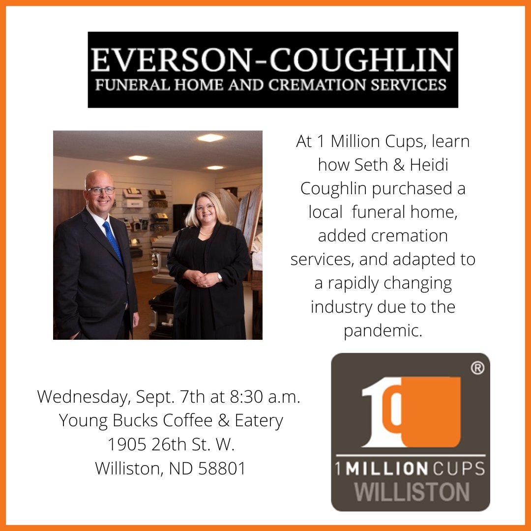 1MillionCupsWST's tweet photo. Join 1 Million Cups on Wednesday, Sept. 7th at 8:30 a.m. at Young Bucks Coffee &amp; Eatery! 
1MC strives to support entrepreneurship and increase opportunities that allow all people to take risks and own their success. 
#1MC #1MillionCupsWilliston #CityofWilliston #Entrepreneurship https://t.co/TzDTzWSmyv