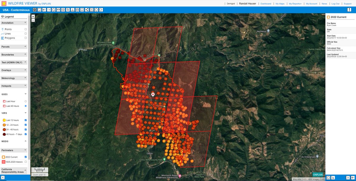 wildfireviewer's tweet photo. Predict fire spread thru GOES, VIIRS and MODIS NASA sensor feeds plus wind speed and direction from NOAA. Red GOES polygons display detections from last hour ahead of other sensors. Pure data and accurate, simple cartography.  https://t.co/UefMgat6A6
 #rumcreekfire https://t.co/KuyvhCMDYF