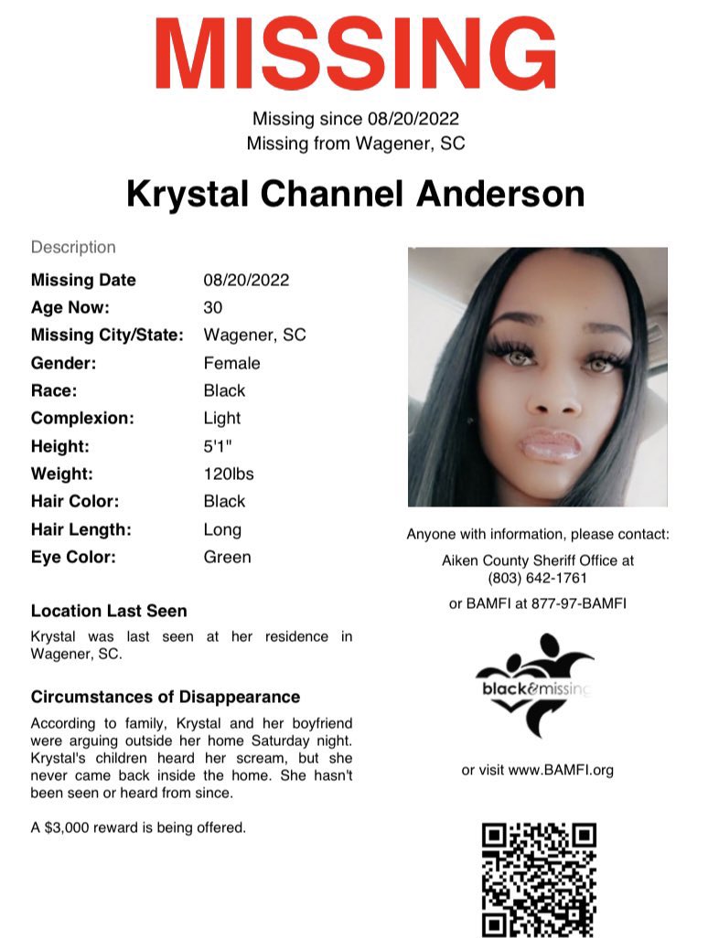 notisaidtheworm's tweet photo. 🚨POSSIBLE FOUL PLAY IN
THE DISAPPEARANCE OF
30yo #KrystalAnderson🚨

She was arguing outside w/her bf Saturday Aug 20, then her children heard her scream.
She never came back inside.
Shes been missing since that night
#Wagener #SouthCarolina

CALL911 or #Aiken Co SO 803-642-1761 https://t.co/Ie7fuqZ9oB
