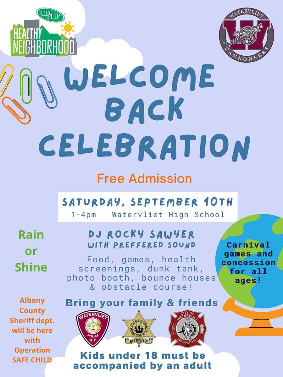 <a href="/vlietschools/">WCSD</a> 🗓Mark Your Calendars: Join us on Saturday, Sept. 10 from 1-4 p.m. at WJSHS for our Welcome Back Celebration with food, games and plenty of fun for all -- maybe even a chance to send <a href="/Stevens_vliet/">Don Stevens</a> for a swim in the dunk tank! 🏊