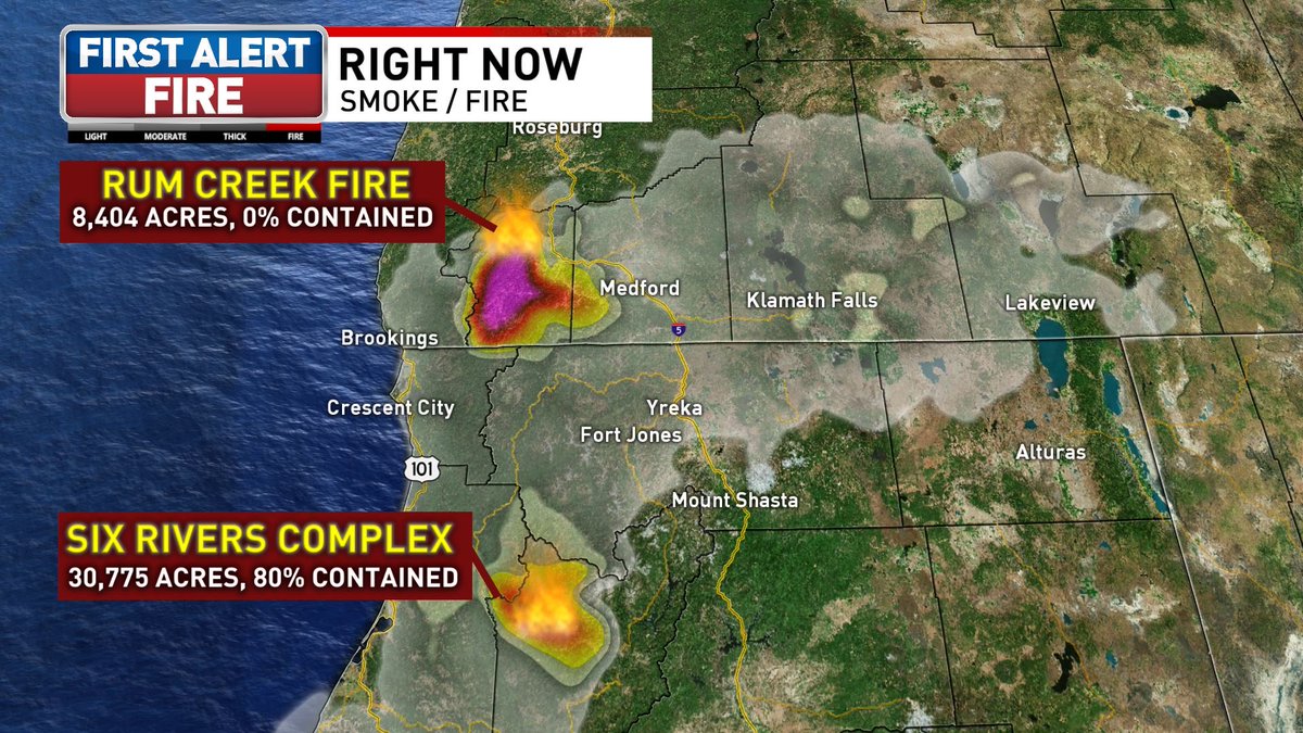 TiffanyABC30's tweet image. Smoke is building in our westside valleys from the #RumCreekFire burning in Josephine County. Siskiyou County continues to see haze from the #SixRiversComplex and Rum Creek.