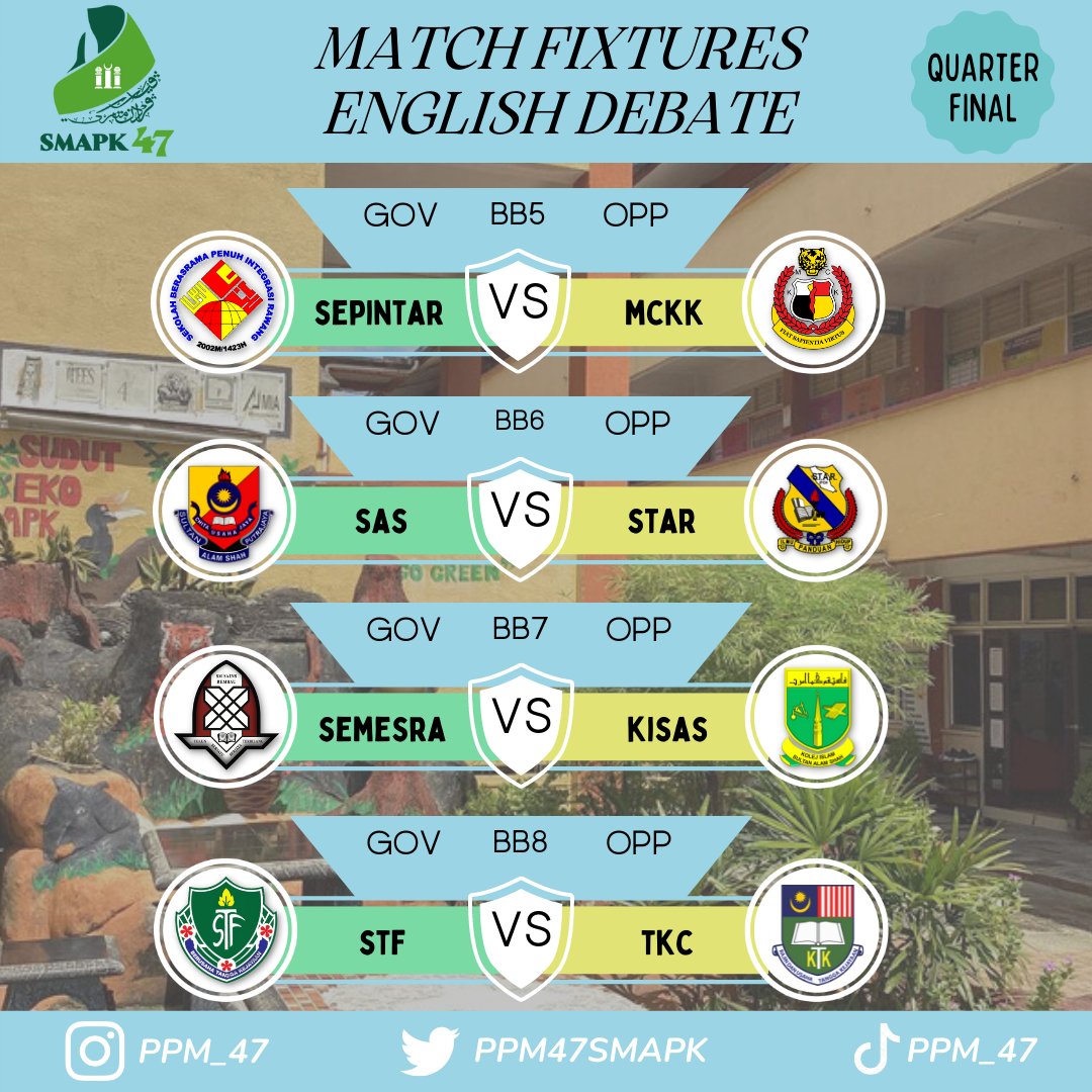 PPM47Smapk's tweet photo. Berikut Merupakan Jadual Perlawanan Debat Bahasa Inggeris bagi Quarter final PPM
#ImarahDebatPersonalitiHebat
#BahasPPM47 https://t.co/MZK7epN3GZ