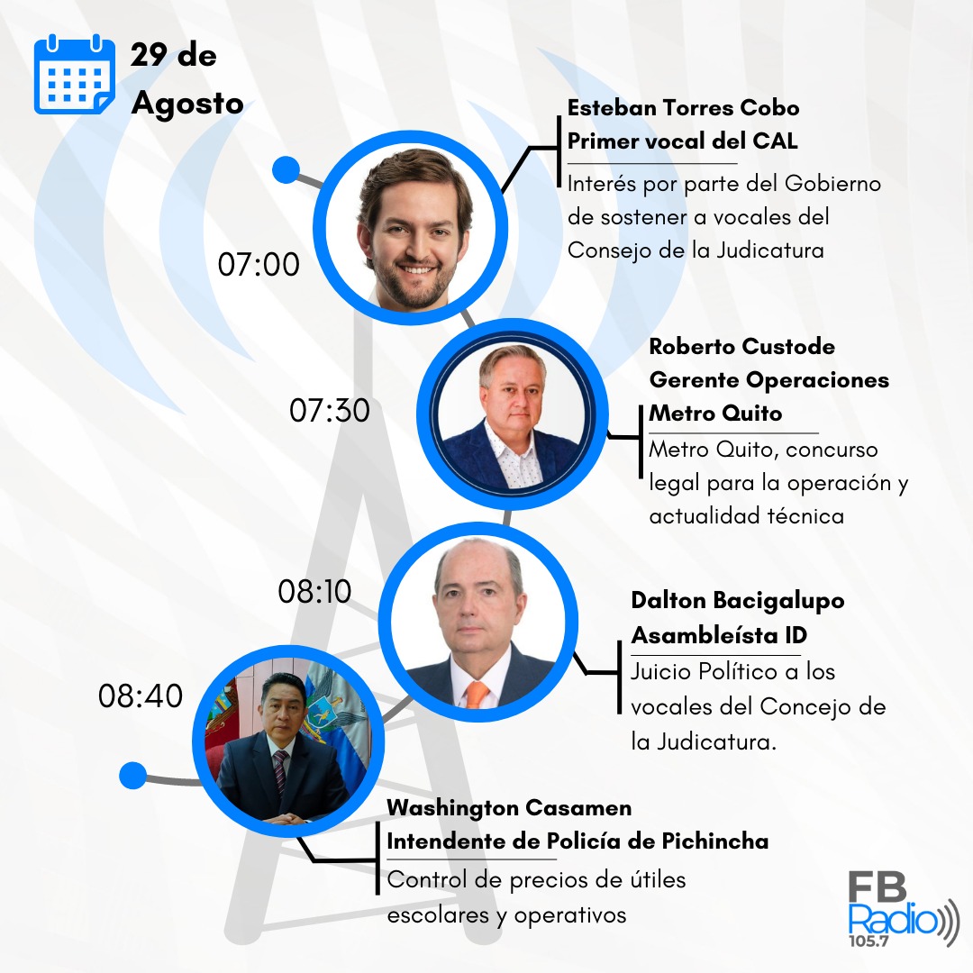 FBRadio1's tweet photo. Comienza tu semana con le mejor información junto a @etorrescobo, #RobertoCustode de @MetrodeQuito, @DBacigalupoB y @wcasamen1. Sintoniza #FBRadio 105.7 #FM https://t.co/UoKkgWn169