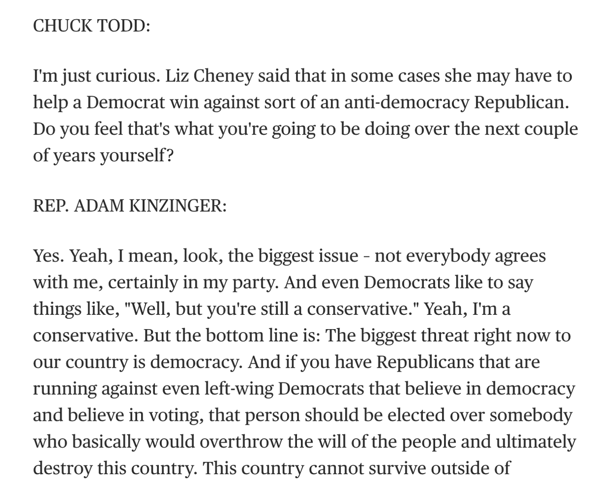 saletan's tweet photo. "I'm a conservative," says @AdamKinzinger. But "if you have Republicans that are running against even left-wing Democrats that believe in democracy and believe in voting, that person should be elected over somebody who basically would overthrow the will of the people." https://t.co/K631m50wv3