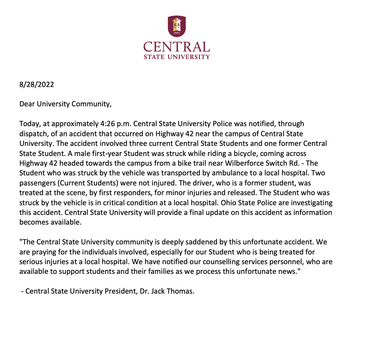 A message from President, Dr. Jack Thomas.