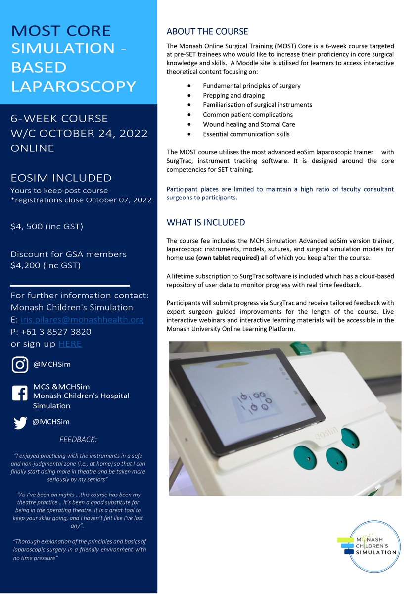 Use advanced technology to track your #laparoscopic skills & receive tailored feedback to stay ahead of your surgical game! (Please note that you need your own tablet, iPad, or laptop) Sign up now via the link below: shop.monash.edu/most-core-simu… @MonashUni @SCSMonash @SimEdRam
