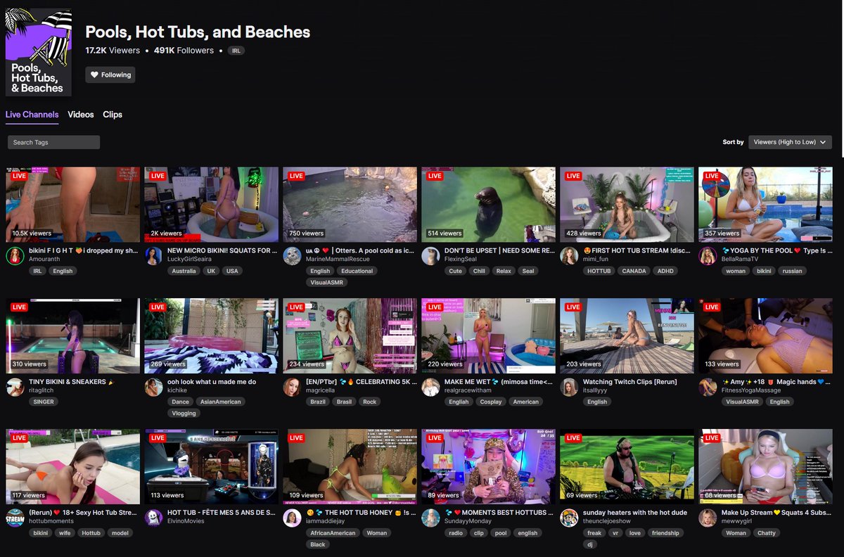 Wipspeed's tweet photo. I guess Twitch is slowly turning into Porn Hub for Gamers. just look at the directory "Pools, Hot Tubs, and Beaches" which in my opinion should never have been a thing on Twitch in the first place @twitch #livestream #ttv #ponrhub #hottubes @pornhub #ForGamers https://t.co/F80CgtdEZf