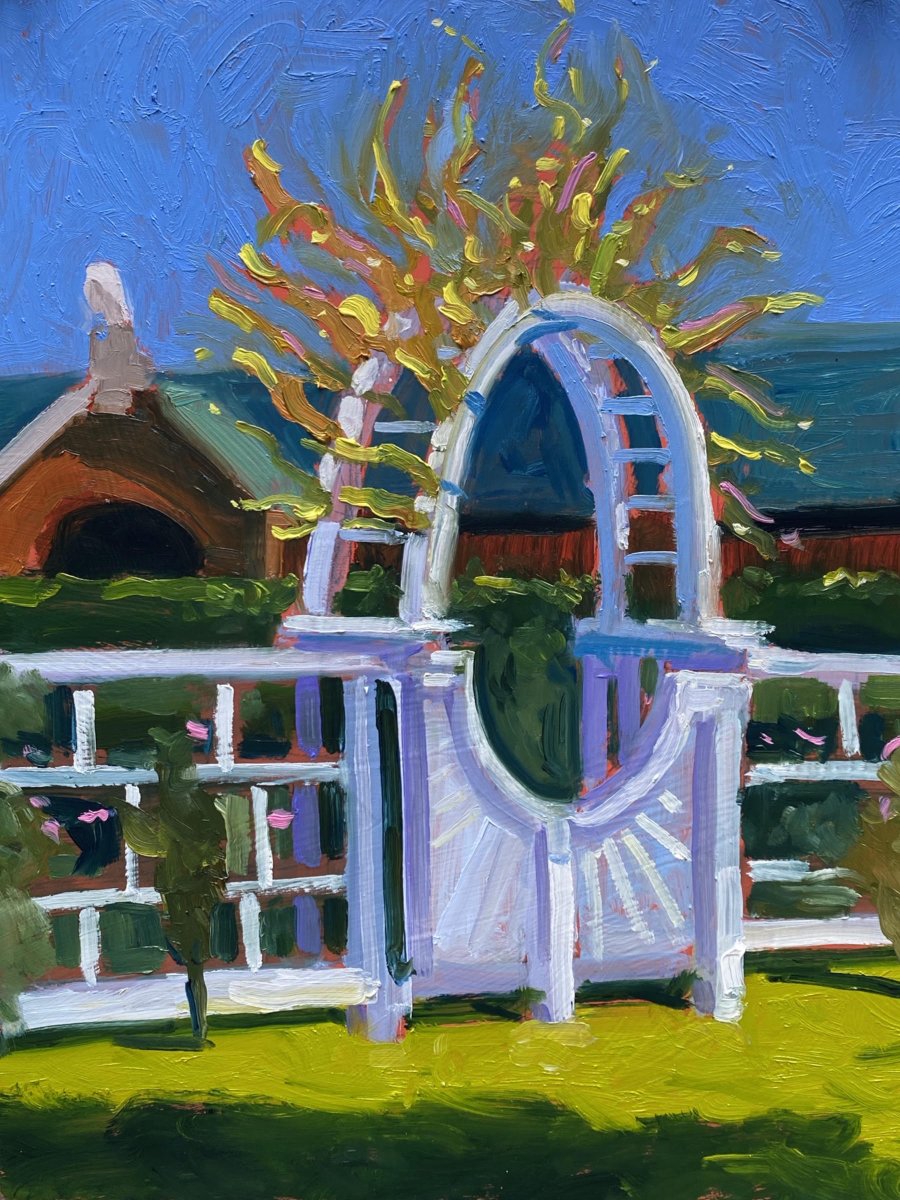 mandersonstudio's tweet image. The Chihuly Gate, 16x12, oil on panel. It was grand painting today with Missouri Plein Air Painters to celebrate the weekend grand opening of the Jack C Taylor Visitor Center @mobotgarden.  #pleinair #chihuly #glassart