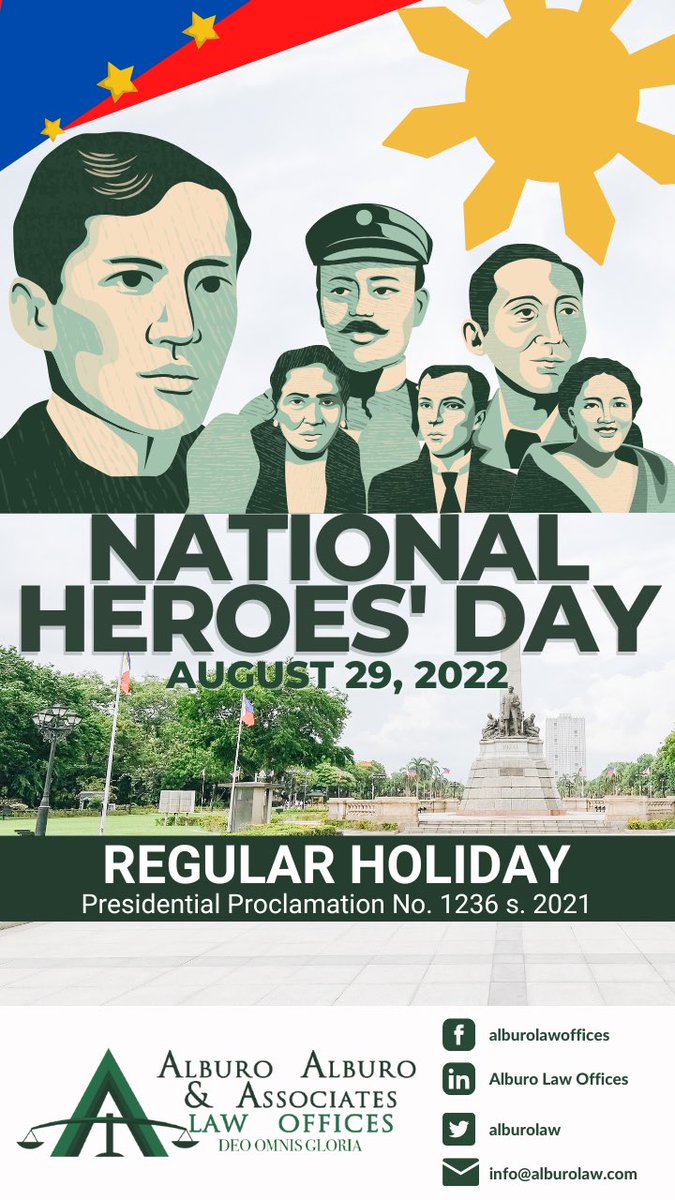 alburolaw's tweet photo. Mabuhay ang mga bayaning Pilipino!
This #NationalHeroesDay, let us celebrate the bravery, devotion, and the true spirit of patriotism of all our national heroes.
#AlburoLawPublicServiceAnnouncement
#AlburoLaw
#NationalHeroesDay
#RegularHoliday https://t.co/fpe3C5KYkr