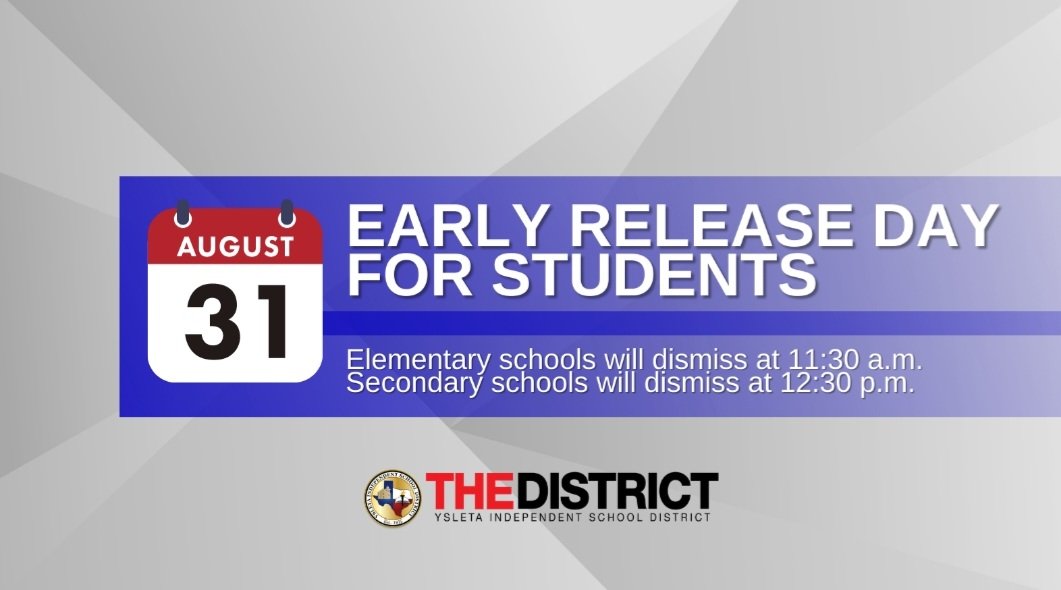 Presa Elementary School (@presa_wildcats) on Twitter photo <a href="/Presa_Wildcats/">Presa Elementary School</a> <a href="/presa_library/">Presa ES Library</a> <a href="/Banegas19Wendy/">Wendy Banegas</a> <a href="/AlexCamack/">Alex Camack 🐾</a>
<a href="/YISD_enEspanol/">YsletaISD_enEspañol</a>
Presa Parents remember to make arrangements for Wednesday's early release.
#BeBold #BeCourageous #BeTheChange
#BowUp
#WeArePresa
#WeDeliverExcellence
#THEDISTRICT <a href="/Presa_Wildcats/">Presa Elementary School</a> <a href="/presa_library/">Presa ES Library</a> <a href="/Banegas19Wendy/">Wendy Banegas</a> <a href="/AlexCamack/">Alex Camack 🐾</a>
<a href="/YISD_enEspanol/">YsletaISD_enEspañol</a>
Presa Parents remember to make arrangements for Wednesday's early release.
#BeBold #BeCourageous #BeTheChange
#BowUp
#WeArePresa
#WeDeliverExcellence
#THEDISTRICT