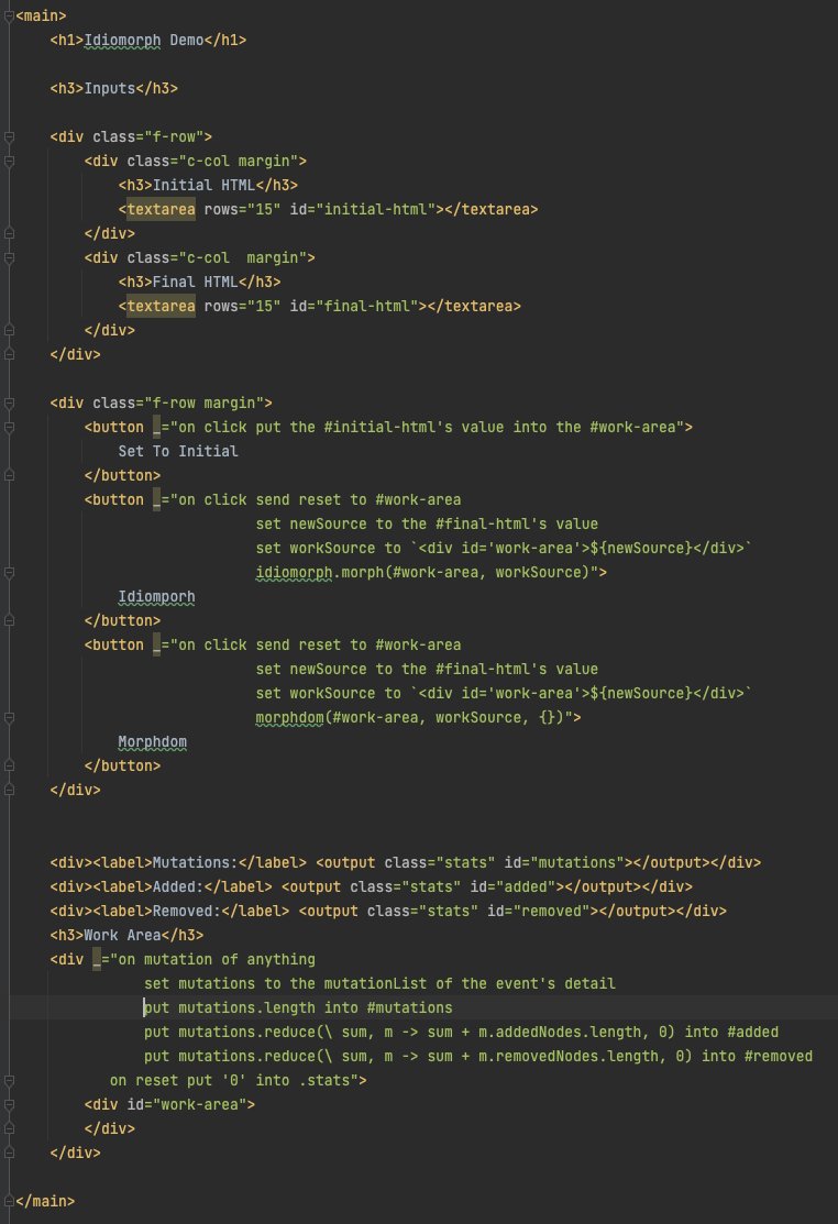 htmx_org's tweet photo. having some fun putting together a idiomorph/morphdom playground w/ @DenizAksimsek's https://t.co/7f9Q58iGMf and https://t.co/s58wBkNXQ9 

tracks mutations of the work area so I can see how idiomorph is comparing to morphdom using the synthetic "mutation" event in hyperscript https://t.co/CYzgfRfxxY