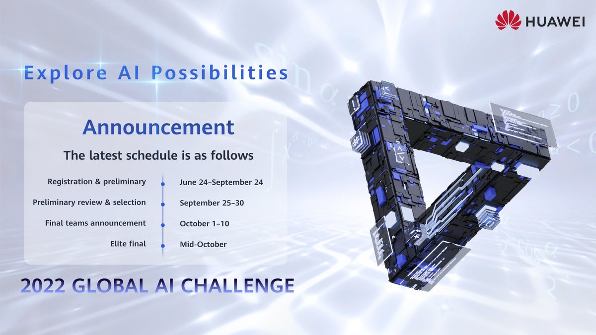 The registration time for #GLOBALAICHALLENGE2022 has been extended to 24 September 2022, and we expect more students to join us. 

Visit here: fal.cn/3rkBu
#HuaweiDevelopers #AlChallenge