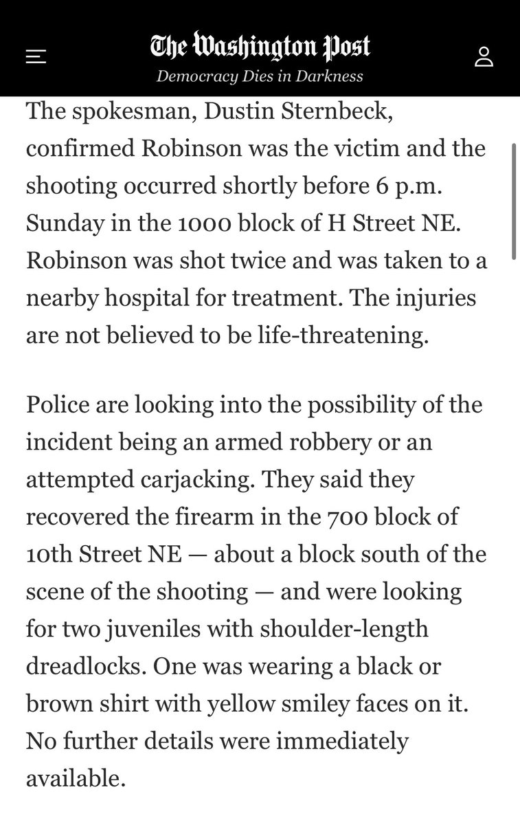 KatiePavlich's tweet photo. In their story about Washington Commanders running back Brian Robinson Jr. being shot tonight, the Washington Post took out the full description of the suspects. The DC police did not. https://t.co/nPwRdD7rey