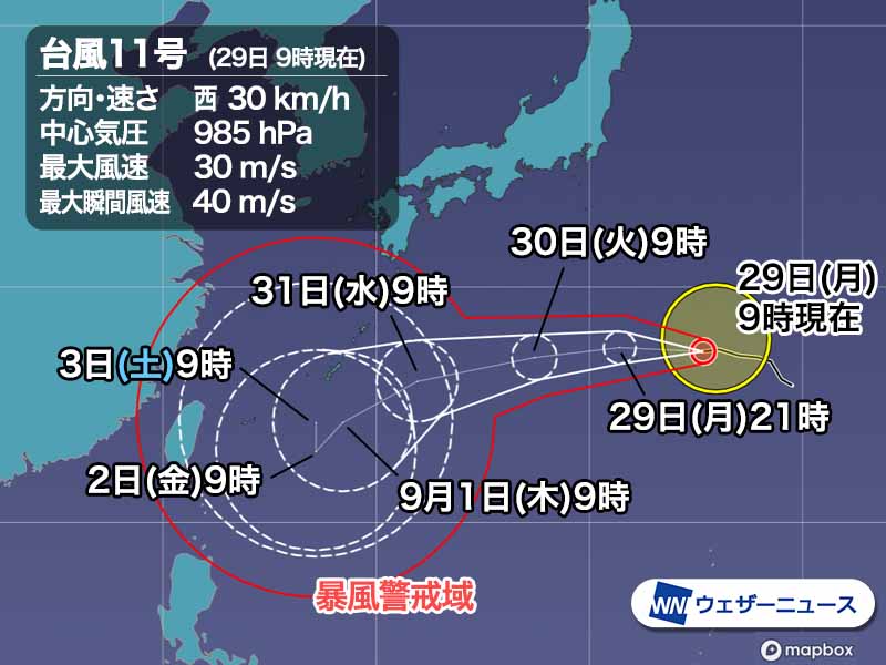 wni_jp's tweet image. 【台風情報】8月29日(月)9時現在、台風11号（ヒンナムノー）は小笠原諸島・父島の東の海上を西に進んでいます。勢力を強め暴風域が出現しました。今後は沖縄方面に進むものの、その後は進路や勢力の予測の不確実性が大きくなっています。
weathernews.jp/s/topics/20220…
