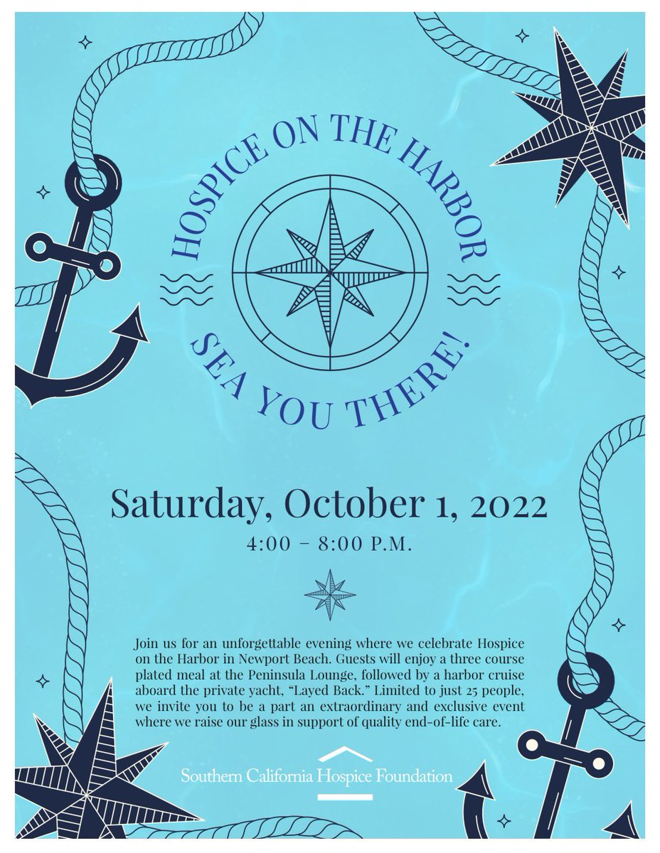 SoCALHospice's tweet photo. We are delighted to host “Hospice on the Harbor,” an exclusive in-person fundraising event held at the Peninsula Lounge in Newport Harbor on 10/1. Join us as we raise our glass to quality end-of-life care! Click here: https://t.co/lv4FP6Gcsp ⚓️🛳 https://t.co/PunxeOPqR2